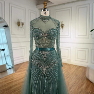 Ships in 2 to 5 Days - Luxury Nude Beaded Arabic-Style Evening Dress – Elegant Gown with Detachable Overskirt