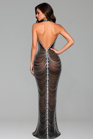 Halter Beaded Chain Illusion Gown