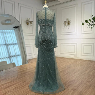 Turquoise Beaded Mermaid Evening Dress with Detachable High-Neck Overlay and Strapless Inner Gown