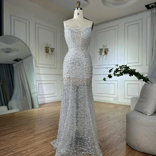 Ships in 2 to 5 Days - 2025 White Beaded Strapless Evening & Wedding Gown with Detachable Puffy Sleeves – Formal Party Dress