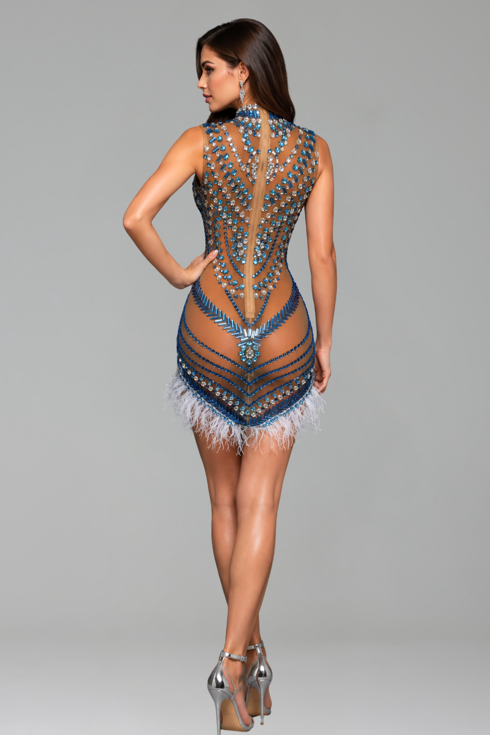 Crystal Feather Illusion Mini Dress - LAROSABRIDE
