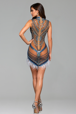 Crystal Feather Illusion Mini Dress