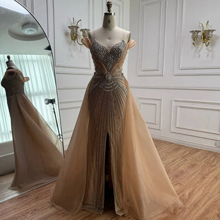 Ships in 2 to 5 Days - Luxury Red Beaded Mermaid Evening Dress – Gown with Overskirt and Thigh-High Slit