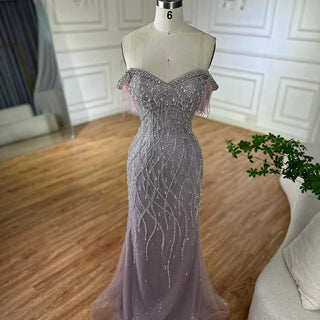 Ships in 2 to 5 Days -2025 Custom Nude Beaded Mermaid Evening Dress – Formal Gown with Feathered Details
