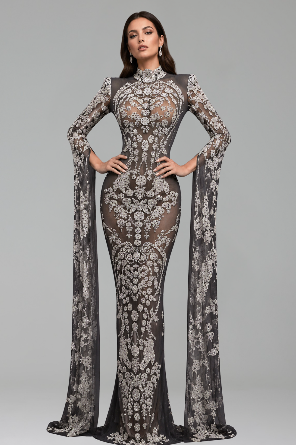 Embroidered Illusion Cape Sleeve Gown - LAROSABRIDE
