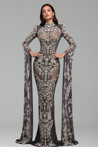 Embroidered Illusion Cape Sleeve Gown - LAROSABRIDE