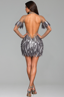 Sheer High-Neck Feathered Mini Dress - LAROSABRIDE