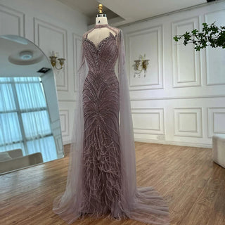 Ships in 2 to 5 Days -Caramel Beaded Feathered Mermaid Evening Dress with Detachable Cape Sleeves – Gown for Formal Occasions