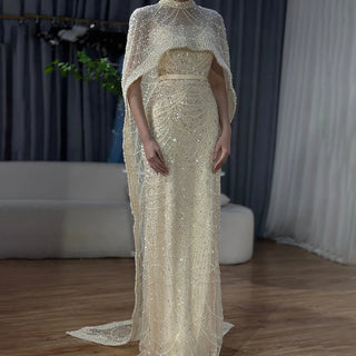 Ships in 2 to 5 Days - Luxury Nude Mermaid Evening Gown with Long Cape – Saudi Arabic Formal Dress