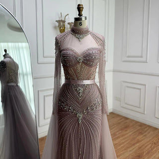 Ships in 2 to 5 Days - Luxury Nude Beaded Arabic-Style Evening Dress – Elegant Gown with Detachable Overskirt
