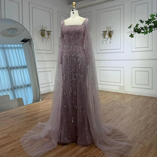 Ships in 2 to 5 Days - Luxury Caramel Saudi-Inspired Evening Dress – Elegant Gown with Long Sleeves and Flowing Cape