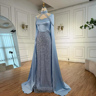 Luxury Arabic Pearl Beaded Mermaid Evening Dress with Cape
