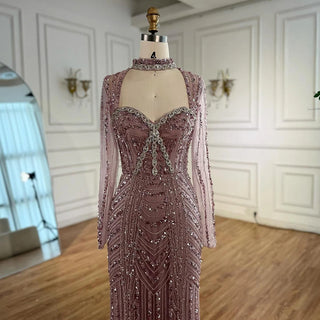 Ships in 2 to 5 Days - 2025 Caramel Beaded Mermaid Evening Gown – Long Sleeve Formal Dress for Weddings & Parties