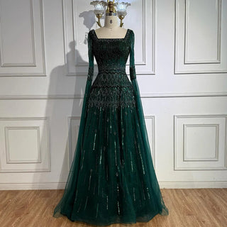 Ships in 2 to 5 Days - Customized Green Beaded A-Line Evening Dress with Cape – Formal Occasion Gown