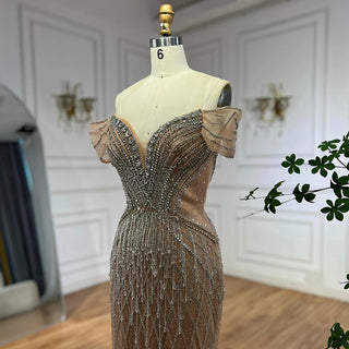 Ships in 2 to 5 Days -2025 Custom Saudi-Style Off-Shoulder Beaded Nude Tulle Mermaid Evening Dress – Formal Occasion Gown