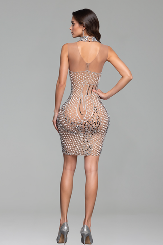 Pearl Embellished Illusion Mini Dress