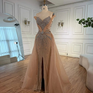 Ships in 2 to 5 Days - Luxury Red Beaded Mermaid Evening Dress – Gown with Overskirt and Thigh-High Slit