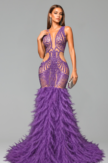Deep V Illusion Feather Hem Gown - LAROSABRIDE