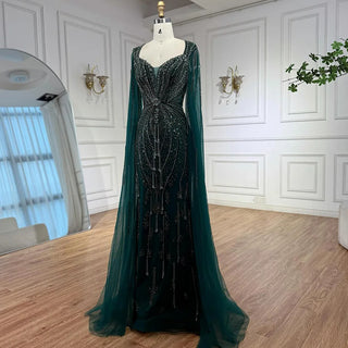 Ships in 2 to 5 Days - Luxury Beige-Pink Beaded Evening Gown – 2025 Formal Dress with Cape Sleeves