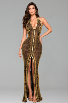 Halter Beaded Chain Illusion Gown - LAROSABRIDE