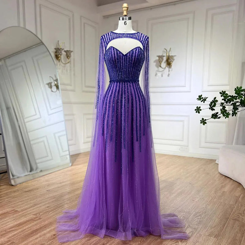 2025 Arabic Fuchsia Cape Sleeves A-Line Beaded Evening Dresses Long Celebrity Gowns for Woman Wedding Party