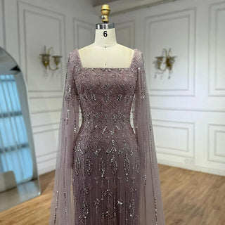 Ships in 2 to 5 Days - Luxury Caramel Saudi-Inspired Evening Dress – Elegant Gown with Long Sleeves and Flowing Cape