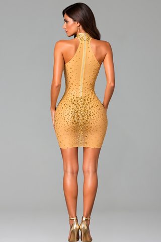 High Neck Beaded Illusion Mini Dress