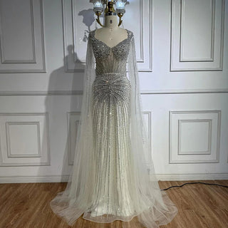 Ships in 2 to 5 Days - Luxury Nude Beaded Evening Dress – Saudi-Inspired Formal Gown with Cape Sleeves