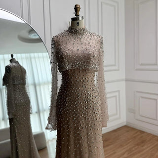 Turquoise Beaded Mermaid Evening Dress with Detachable High-Neck Overlay and Strapless Inner Gown