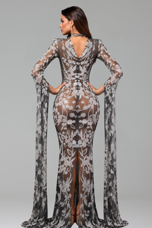 Embroidered Illusion Cape Sleeve Gown - LAROSABRIDE