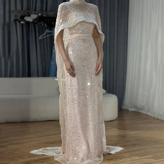 Ships in 2 to 5 Days - Luxury Nude Mermaid Evening Gown with Long Cape – Saudi Arabic Formal Dress