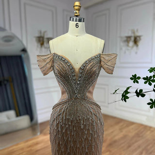 Ships in 2 to 5 Days -2025 Custom Saudi-Style Off-Shoulder Beaded Nude Tulle Mermaid Evening Dress – Formal Occasion Gown