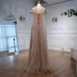 Ships in 2 to 5 Days -Luxury Arabic A-Line Evening Dress with Cape – 2025 Formal Gown