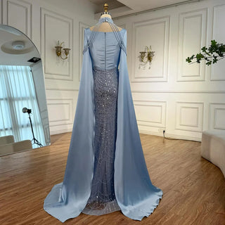Luxury Arabic Pearl Beaded Mermaid Evening Dress with Cape
