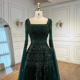 Ships in 2 to 5 Days - Customized Green Beaded A-Line Evening Dress with Cape – Formal Occasion Gown