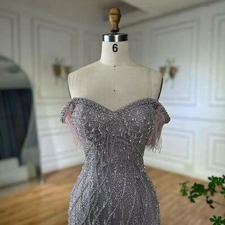 Ships in 2 to 5 Days -2025 Custom Nude Beaded Mermaid Evening Dress – Formal Gown with Feathered Details