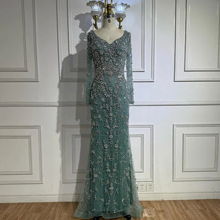 Ships in 2 to 5 Days - Luxury Nude Crystal Beaded Mermaid Evening Gown with Long Sleeves – Designer Formal Dress
