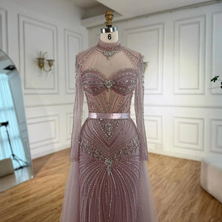 Ships in 2 to 5 Days - Luxury Nude Beaded Arabic-Style Evening Dress – Elegant Gown with Detachable Overskirt
