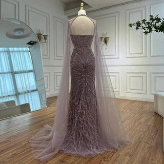 Ships in 2 to 5 Days -Caramel Beaded Feathered Mermaid Evening Dress with Detachable Cape Sleeves – Gown for Formal Occasions