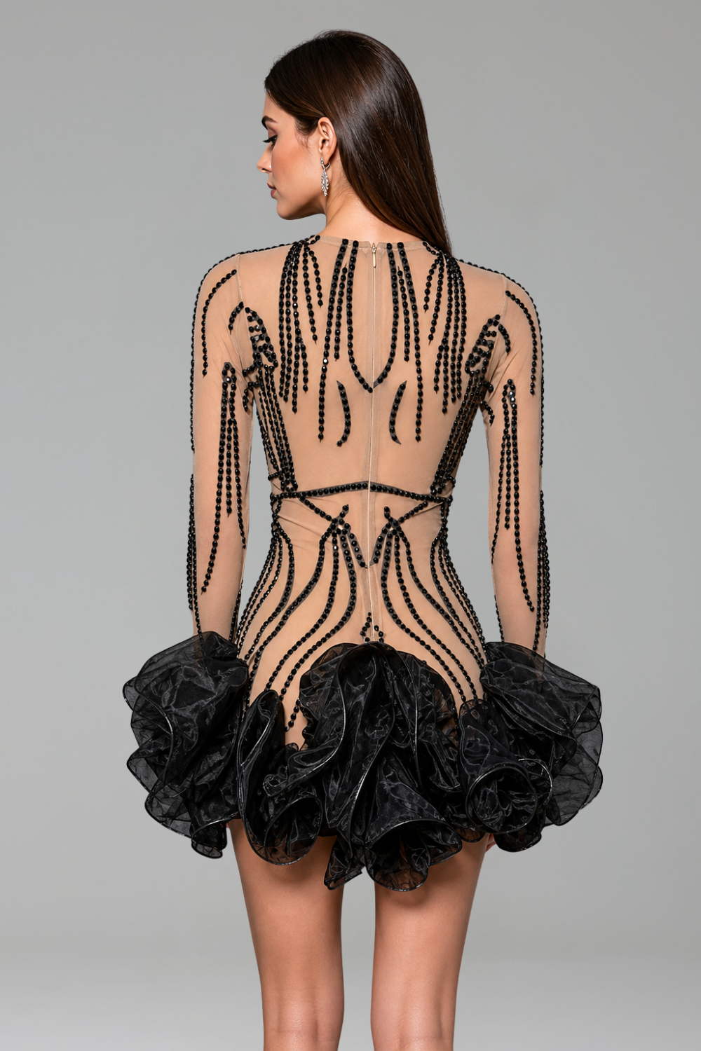 Sheer Rhinestone Ruffled Hem Mini - LAROSABRIDE
