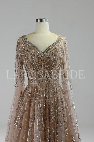 Crystal Beaded Cape Evening Dress - LAROSABRIDE