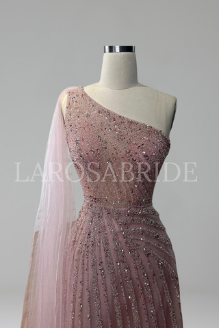 One Shoulder Beaded Evening Dress