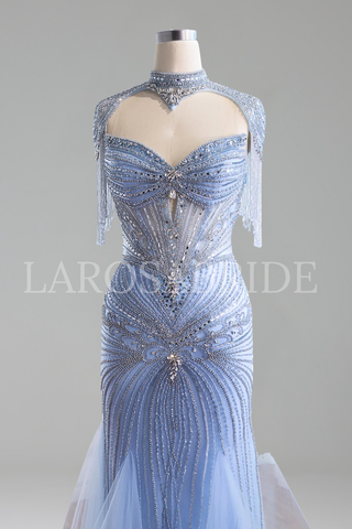 Beaded Dress with Tassel Cape - LAROSABRIDE