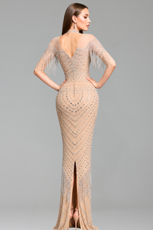 High Neck Beaded Fringe Gown - LAROSABRIDE