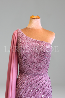 One-Shoulder Beaded Split Gown - LAROSABRIDE
