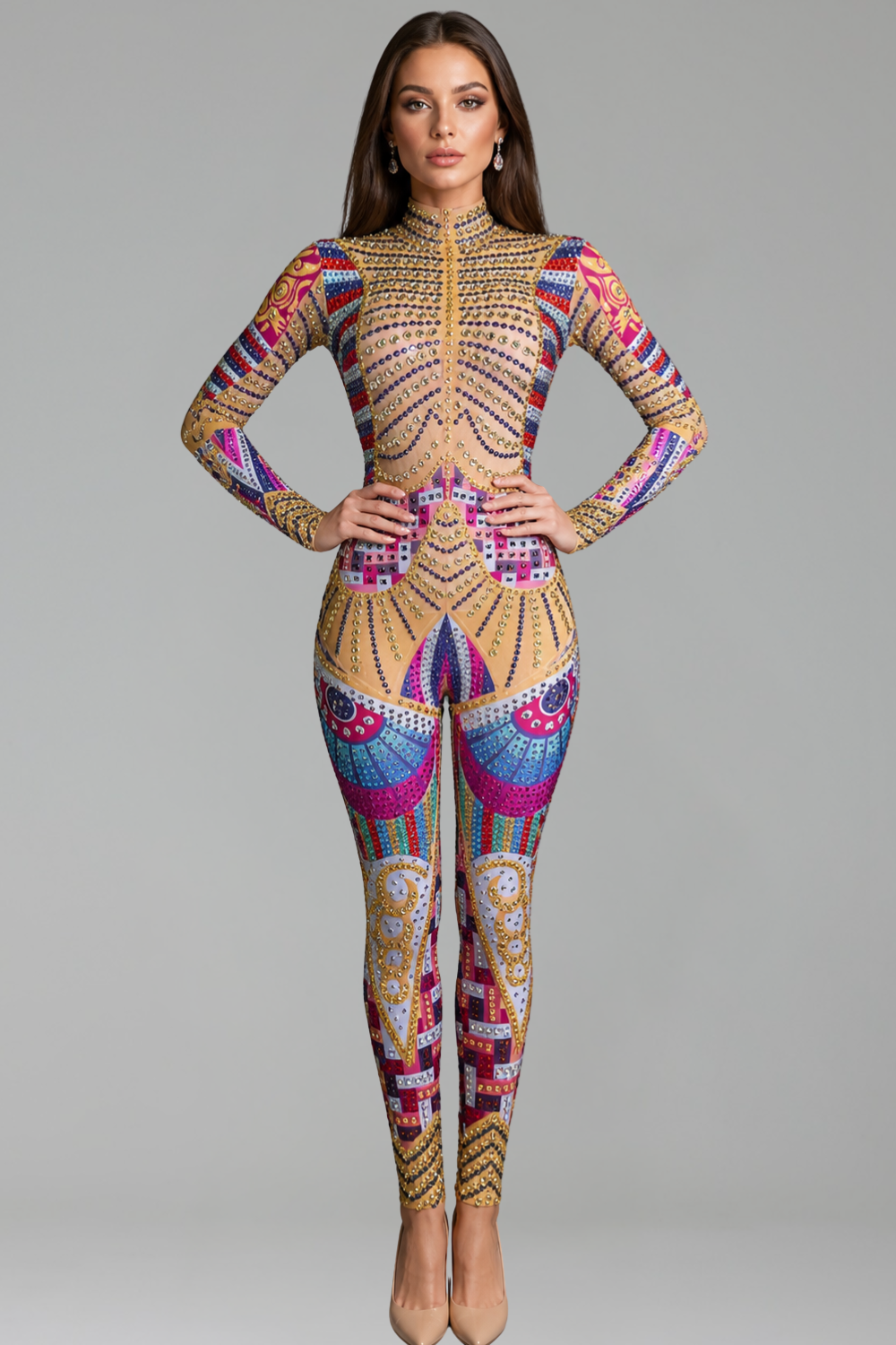 Multicolor Rhinestone Embellished Bodysuit Jumpsuit - LAROSABRIDE