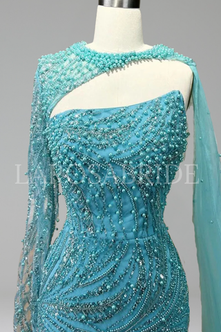 Beaded Mermaid Gown with Cape