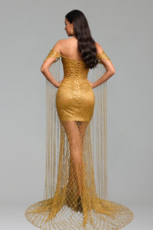 Off-Shoulder Chain Drape Dress - LAROSABRIDE