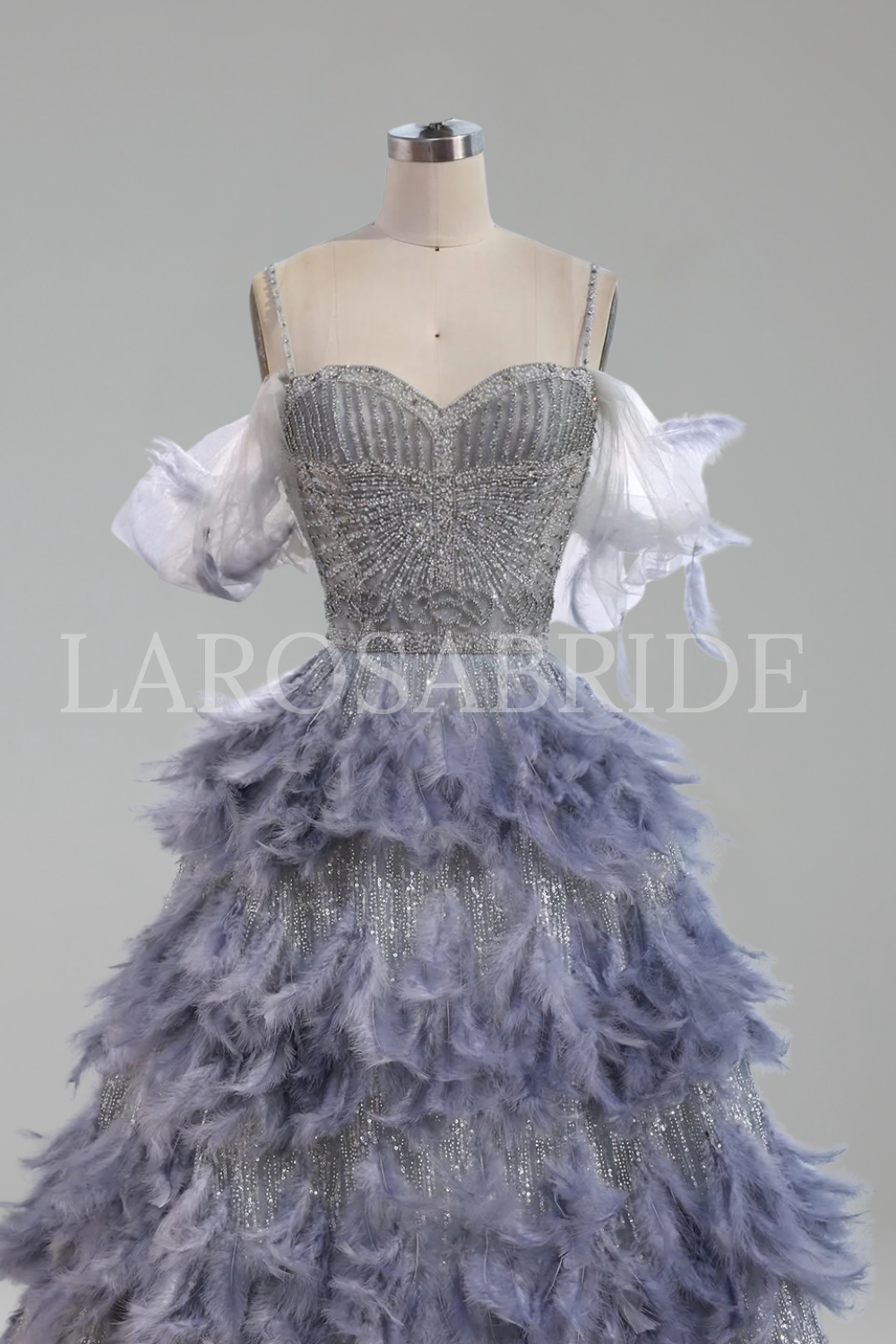 Gray Beaded Feather A Line Dress - LAROSABRIDE