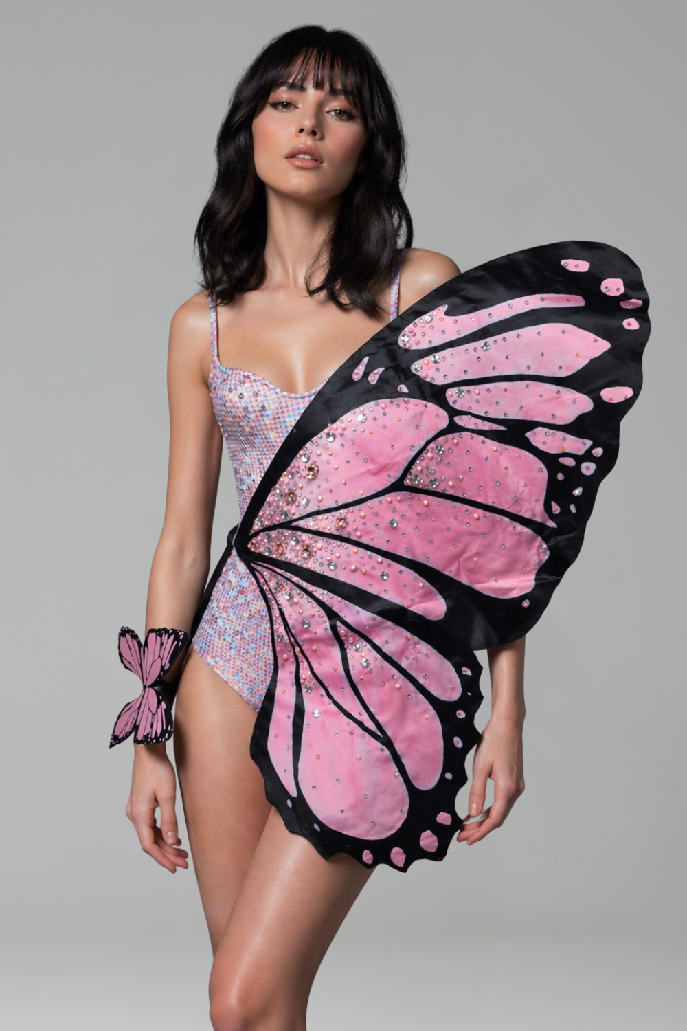Butterfly Embellished Asymmetric Mini Dress - LAROSABRIDE